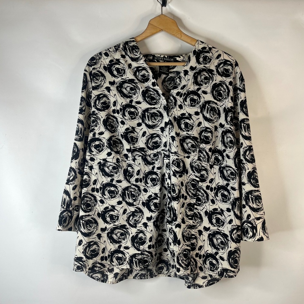 Scott Taylor Blouse Women 2X Black White Floral Rose Swirl 3/4 Sleeve Top